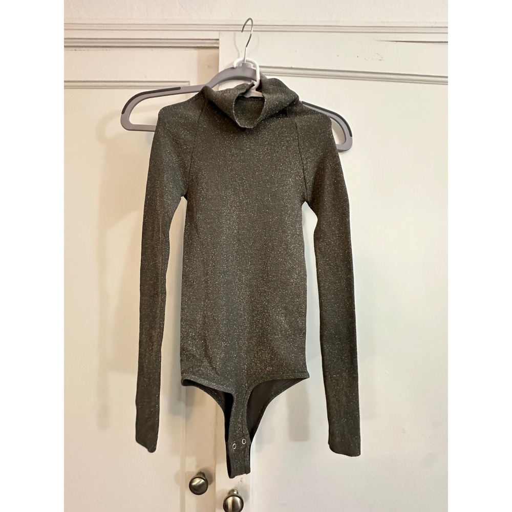 Free People Turtleneck Sparkle Long Sleeve Bodysuit Metallic Grey Shimmer‎